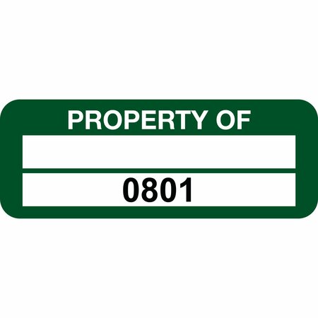 LUSTRE-CAL Property ID Label PROPERTY OF Polyester Green 2in x 0.75in 1 Blank Pad&Serialized 0801-0900,100PK 253744Pe2G0801